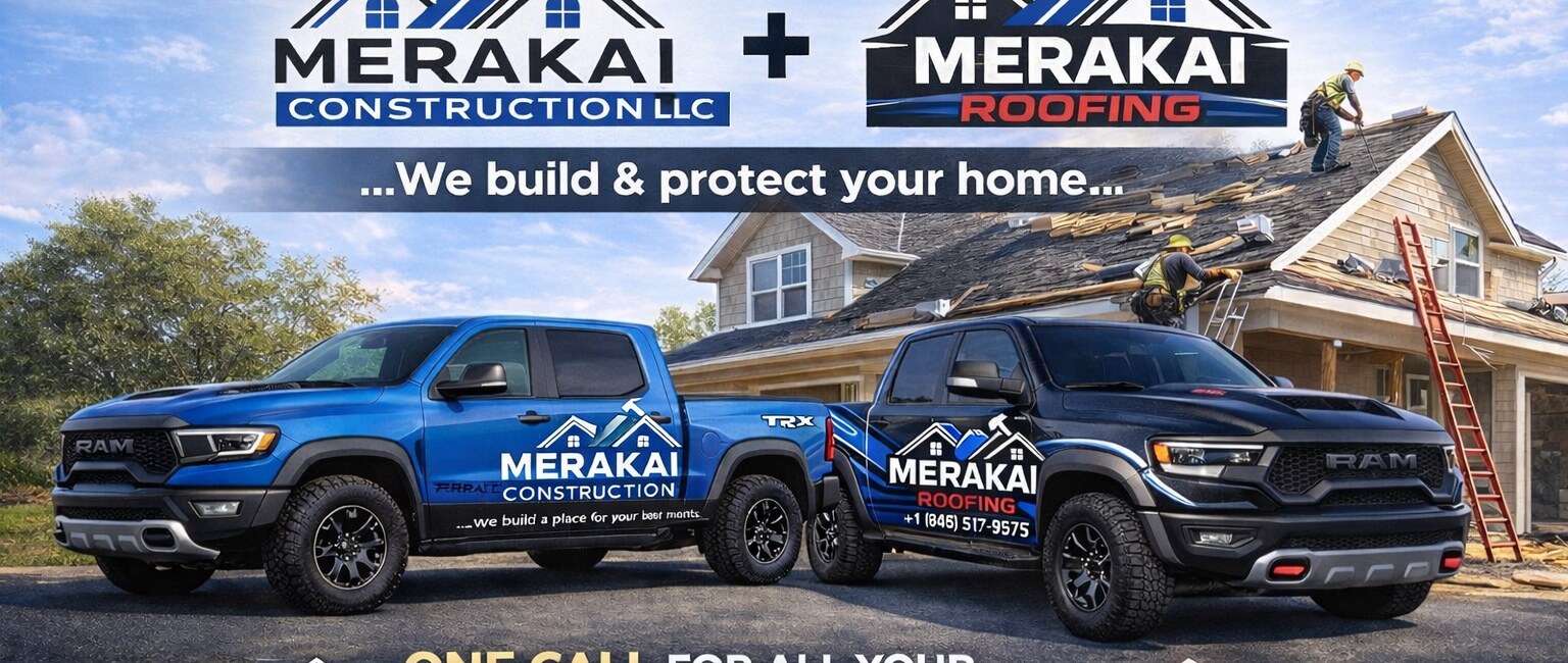 Merakai Construction and Roofing logo with company trucks at a roofing project